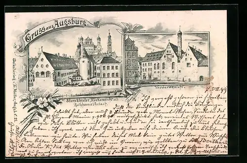 Lithographie Augsburg, Sternkloster Rückansicht mit Rathaus & Perlach, Vorderansicht