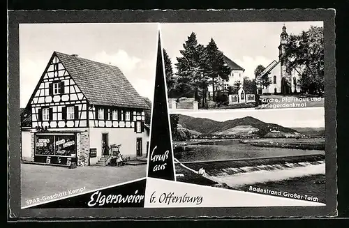 AK Elgersweier b. Offenburg, Spar-Geschäft Kempf, Badestrand Grosser Teich, Kirche, Pfarrhaus und Kriegerdenkmal