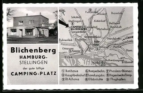 AK Hamburg-Stellingen, Camping-Platz Blichenberg mit Lebensmittelgeschäft, Landkarte mit Lokstedt, Hamm und Barmbek