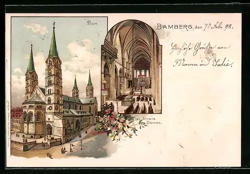 Lithographie Bamberg, Aussen- und Innenansicht vom Dom