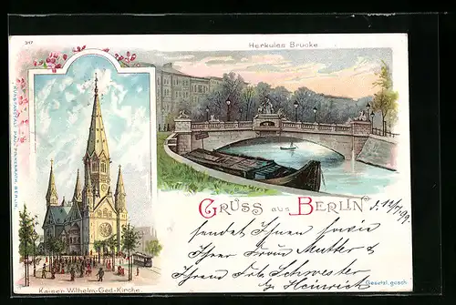 Lithographie Berlin, Herkules-Brücke, Kaiser Wilhelm Gedächtnis-Kirche