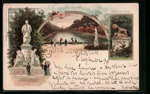Lithographie Berlin-Tiergarten, Im Grossen Tiergarten, Goethe-Denkmal, Löwengruppe, Goldfischteich