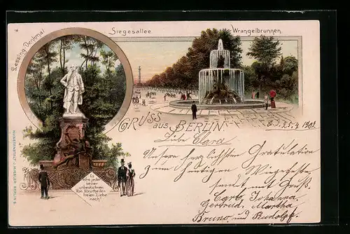 Lithographie Berlin-Tiergarten, Partie am Wrangelbrunnen, Lessing-Denkmal