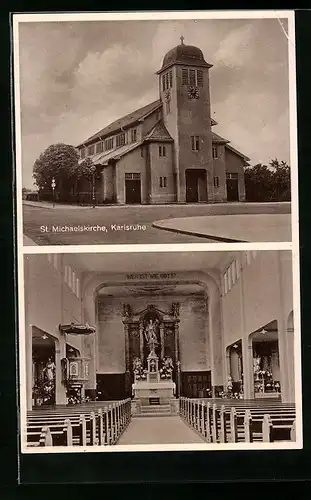 AK Karlsruhe, St. Michaelskirche, Aussen- und Innenansicht