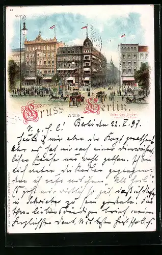 Lithographie Berlin, Unter den Linden Ecke Friedrichstrasse, Café Bauer, Pferdefuhrwerke