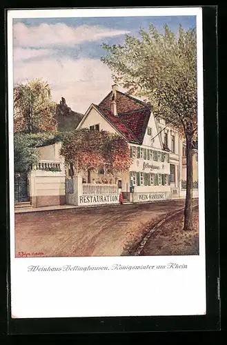 Künstler-AK Königswinter am Rhein, Gasthaus Bellinghausen mit Strassenpartie