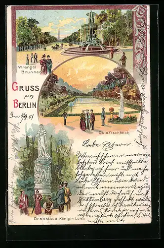 Lithographie Berlin-Tiergarten, Partie am Wrangelbrunnen, Denkmal der Königin Luise