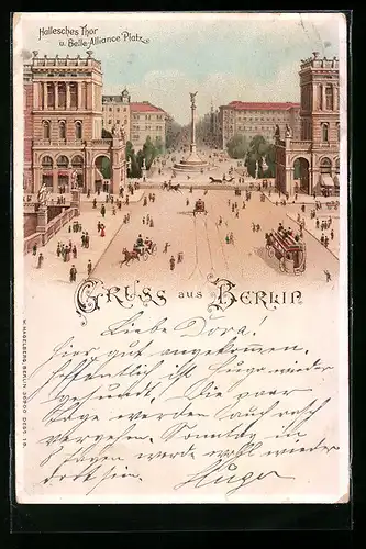 Lithographie Berlin, Hallesches Tor und Belle-Alliance-Platz mit Denkmal