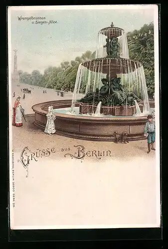 Lithographie Berlin-Tiergarten, Wrangelbrunnen am Kemperplatz