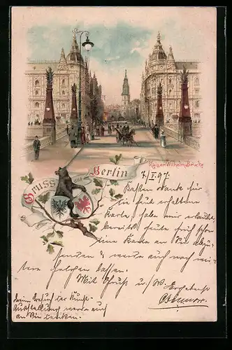 Lithographie Berlin, Kaiser-Wilhelm-Brücke, Kaiser-Wilhelm-Strasse