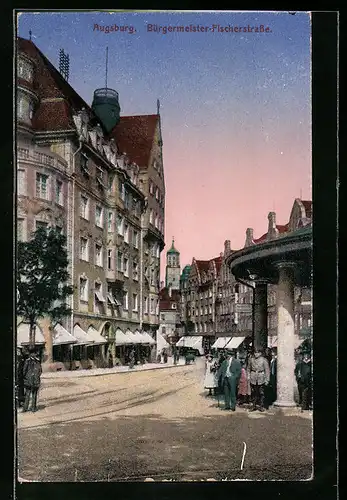 AK Augsburg, Bürgermeister-Fischer-Strasse mit Soldaten in Uniform