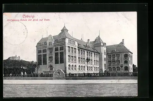 AK Coburg, Heiligkreuz-Schule mit Blick auf Veste