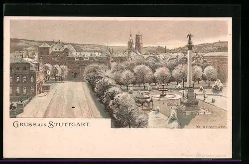 Lithographie Stuttgart, Schlossplatz aus der Vogelschau