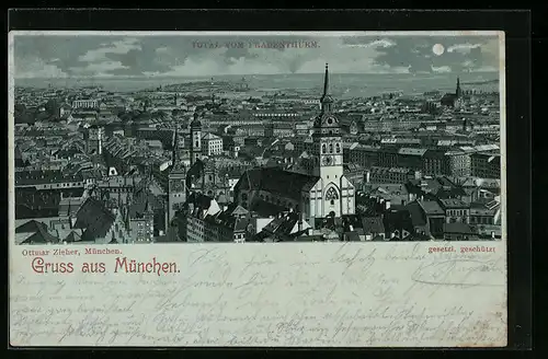 Mondschein-Lithographie München, Totalansicht vom Frauenthurm