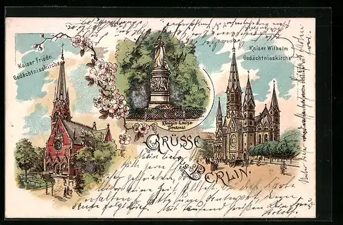 Lithographie Berlin, Kaiser-Friedrich Gedächtnisskirche, Königin-Luise-Denkmal, Kaiser Wilhelm Gedächtnisskirche