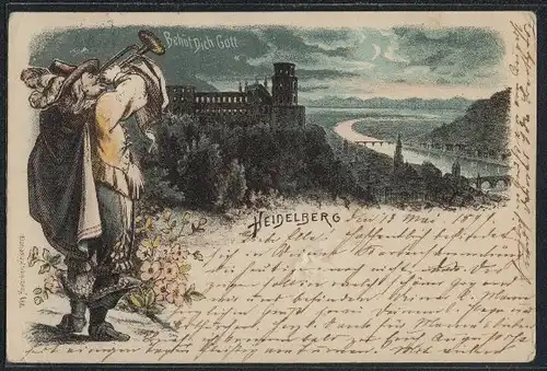 Lithographie Heidelberg, Nächtliches Panorama mit Trompeter, Behüt` Dich Gott!