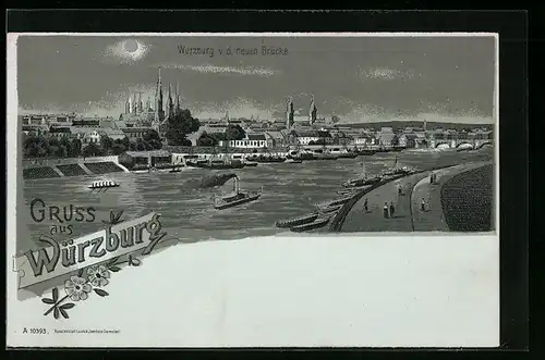 Lithographie Würzburg, Panorama von der neuen Brücke aus
