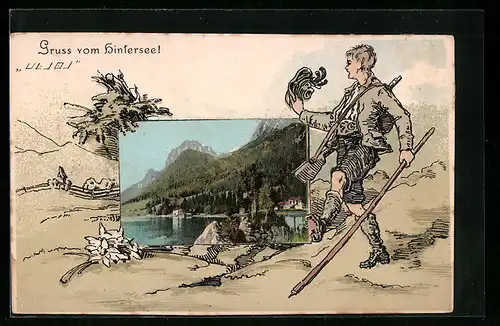 Grusskarten-AK Hintersee, Landschaftsansicht mit Häusern und Jäger