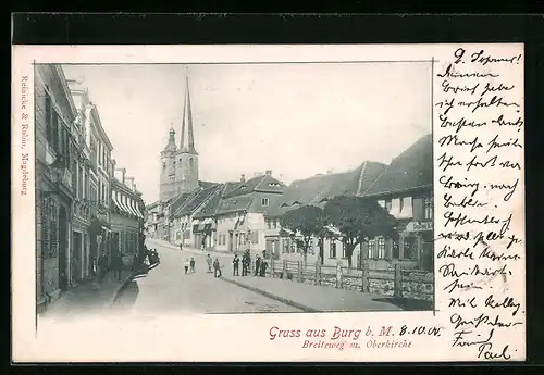 AK Burg b. M., Strasse Breiteweg mit Geschäften und Oberkirche
