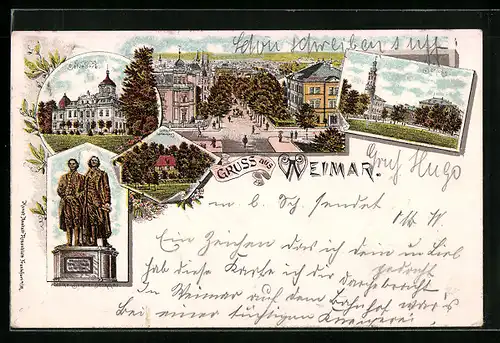 Lithographie Weimar, Schloss Belvedere und Gothe-Schiller-Denkmal