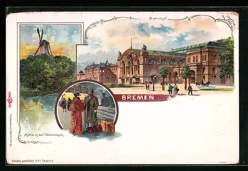 Lithographie Bremen, Bahnhof und Mühle an dern Wallanlagen