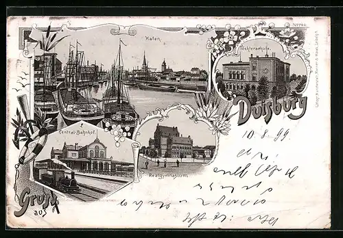 Lithographie Duisburg, Hafen, Töchterschule, Central-Bahnhof