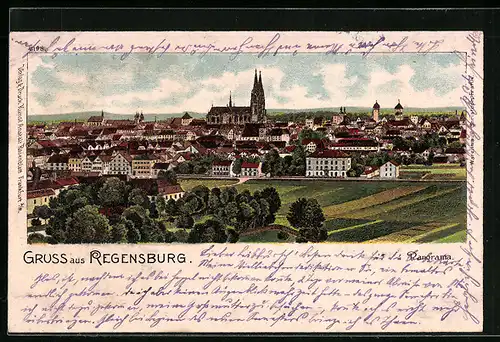 Lithographie Regensburg, Ortsansicht aus der Ferne