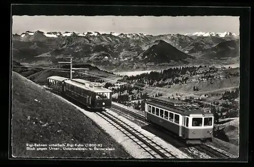 AK Rigi-Kulm, Rigi-Bahnen mit Blick gegen Urner-, Unterwaldner- u. Berneralpen