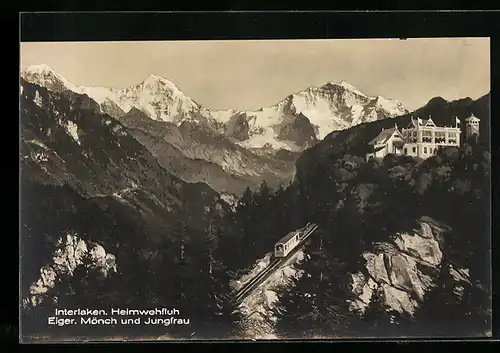 AK Interlaken, Bergbahn mit Heimwehfluh, Eiger, Mönch und Jungfrau