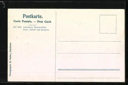 AK Interlaken, Heimwehfluh, Eiger, Mönch und Jungfrau, Bergbahn
