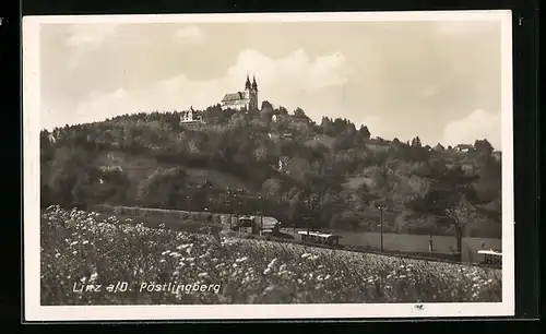 AK Linz a. D., Bergbahn und Schloss auf Pöstlingberg