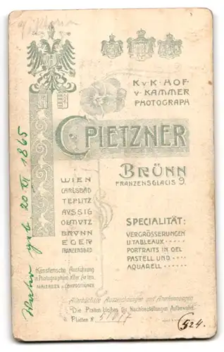 Fotografie C. Pietzner, Brünn, Franzensglacis 9, Mann mit Mittelscheitel und gezwirbeltem Schnurrbart