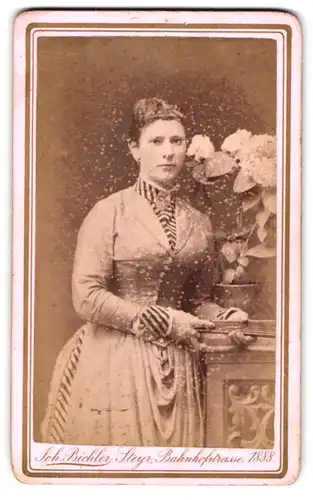 Fotografie Ich. Bichler, Steyr, Bahnhofstrasse 1888, Junge Frau mit Fächer und tailliertem Kleid