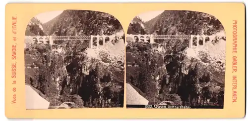 Stereo-Fotografie Gabler, Interlaken, Ansicht Wasen, Blick auf die Brücke der Gotthardbahn und das Tal