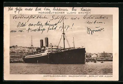 AK Doppelschrauben-Salondampfer Berlin vor Algier, Passagierschiff