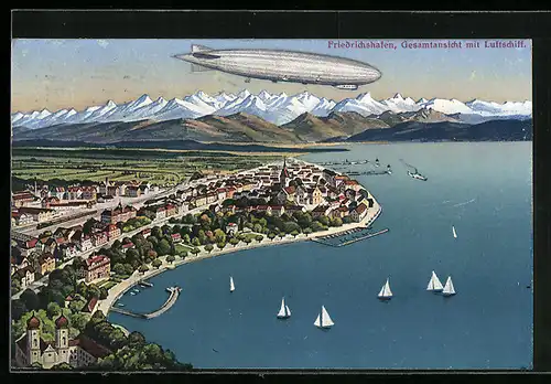 AK Friedrichshafen, Gesamtansicht mit Luftschiff Zeppelin