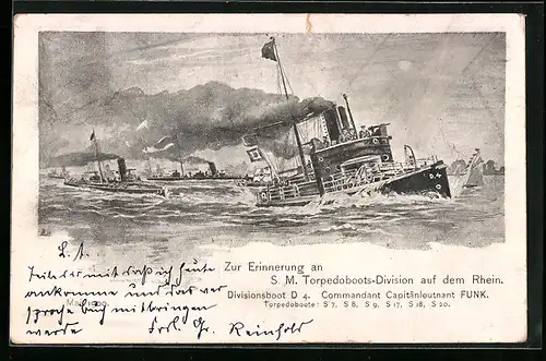 Künstler-AK Torpedoboots-Division, Divisionsboot D.4 auf dem Rhein