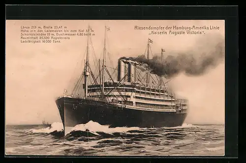 AK Kaiserin Auguste Victoria, Riesendampfer der Hamburg-Amerika Line