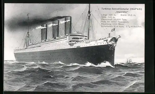 AK Turbinen-Schnelldampfer Imperator, Passagierschiff der Hamburg-Amerika-Linie