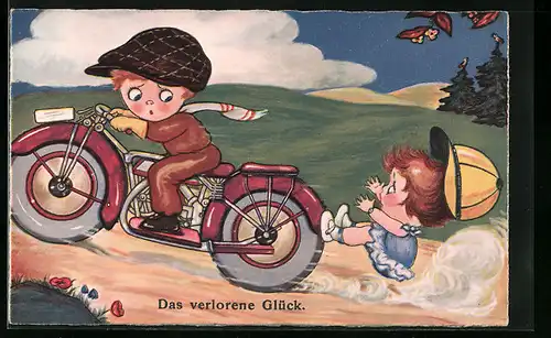 Künstler-AK Das verlorene Glück, Motorrad, Mädchen fällt vom Sozius