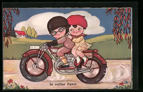 Künstler-AK Junges Paar in voller Fahrt mit einem Motorrad