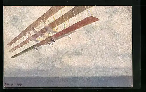 Künstler-AK Impressions of flight by the pilot Lieutenant Amerigo Contini, Fra cielo e mare, Flugzeug