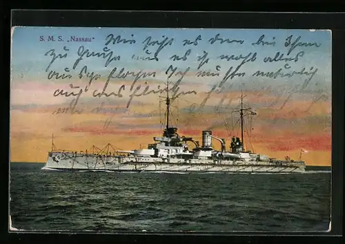 AK Kriegsschiff SMS Nassau auf See bei Dämmerung