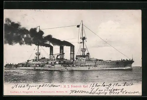 AK Kriegsschiff SMS Friedrich Karl unter Volldampf