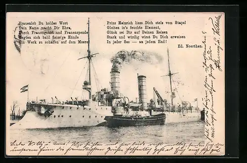 AK Kriegsschiff SMS Frauenlob mit Frachtkahn