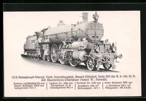 AK Österreichische Eisenbahn, 1 C2 Heissdampf-Viercyl. Verb. Schnellzuglokomotive, Bauart Gölsdorf, Serie 310