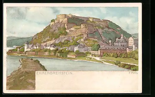 Künstler-AK Franz Hein: Ehrenbreitstein, Panorama mit Fluss