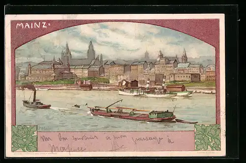 Künstler-AK Franz Hein: Mainz, Uferpartie mit Kirche und Booten