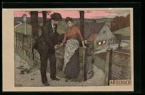 Künstler-Lithographie Paul Hey: Ein Paar nimmt Abschied voneinander