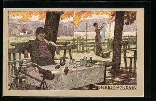 Künstler-Lithographie Paul Hey: Herbstmorgen, Mann am Kaffeetisch, Frau hängt Wäsche auf